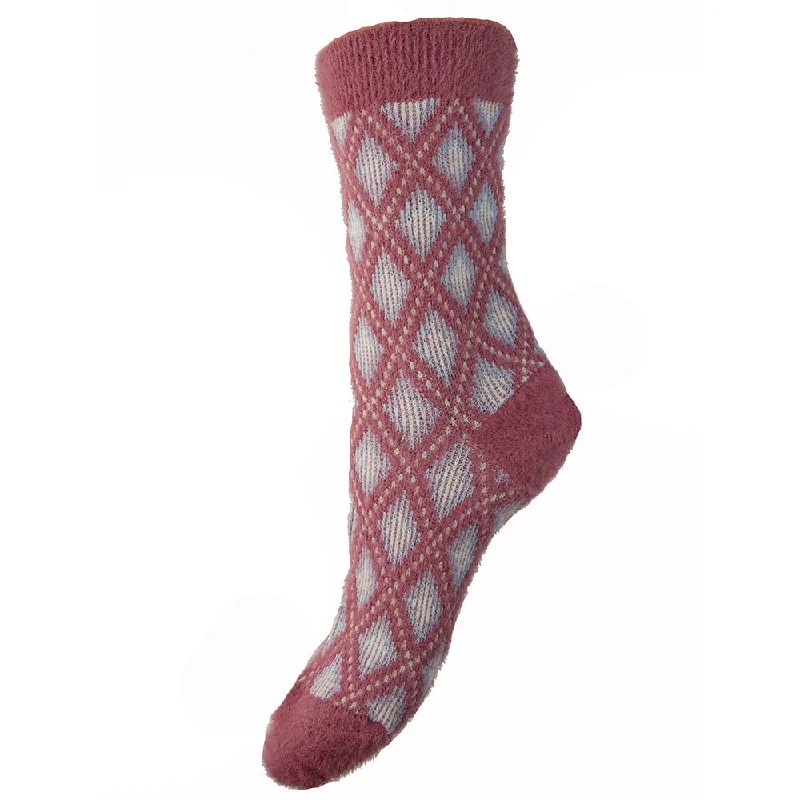 Women's no - show socks with a floral motifPink, Blue and Cream diamond pattern Wool Blend Socks