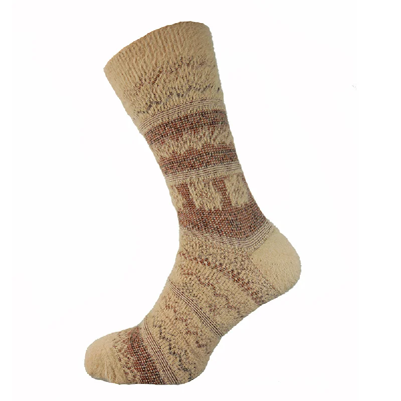 Women's over - the - calf socks with a stripe designCream and Brown Nordic patterned wool blend socks