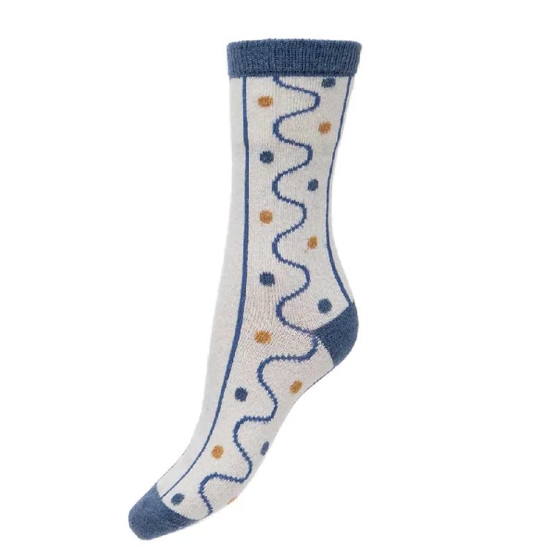 Women's nylon - reinforced socks for durabilityCream wool blend socks with blue lines and dots