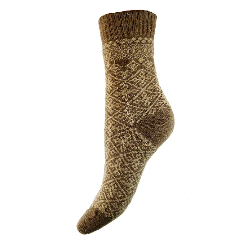 Women's ribbed knee - high socks for a classic lookLight brown soft wool blend socks with cream pattern