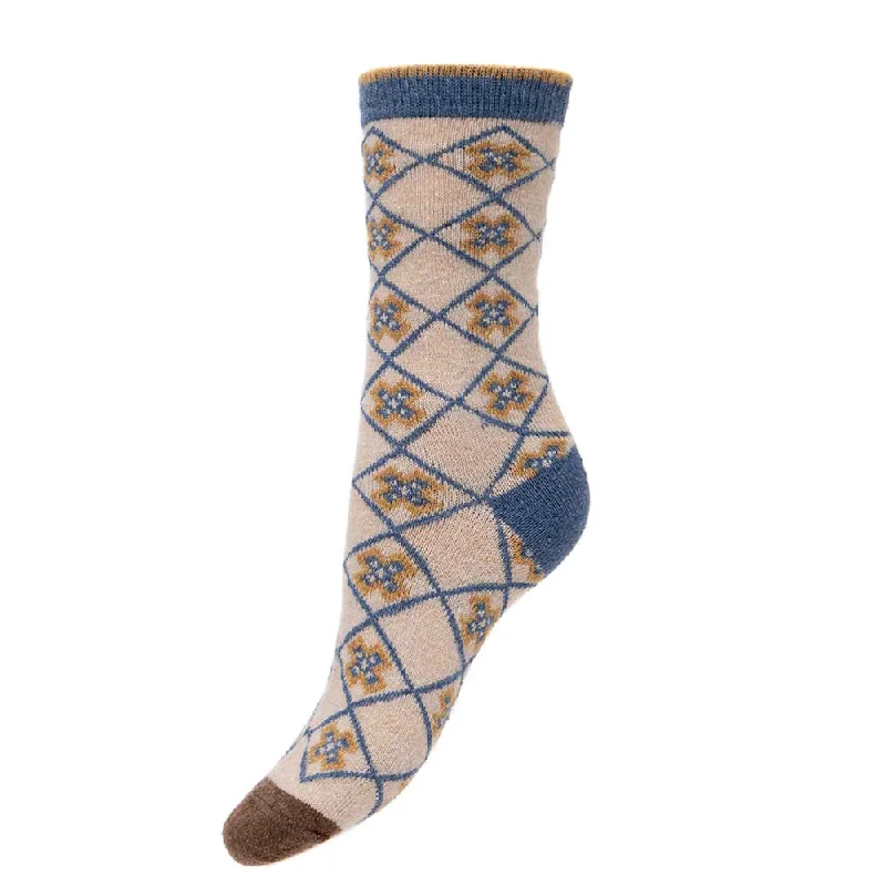 Women's compression socks for improved circulationFawn wool blend socks with blue criss cross and cross pattern