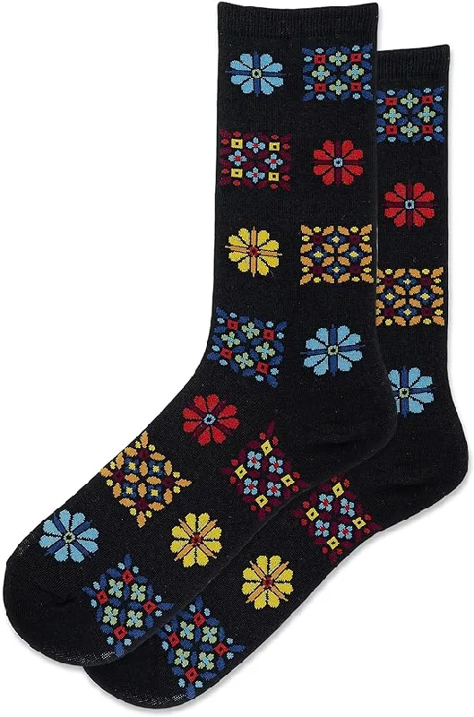 Women's no - show socks with a floral motif"Floral Geo" Cotton Crew Socks by Hot Sox - Medium