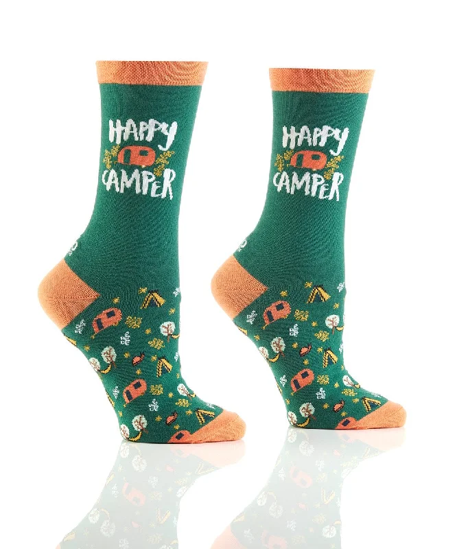 Women's thigh - high socks in a fishnet pattern"Happy Camper" Cotton Dress Crew Socks by YO Sox - Medium