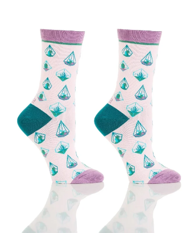 Women's cushioned sole socks for shock absorption"Terrariums" Cotton Dress Crew Socks by YO Sox - Medium