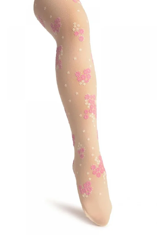 seamless women tights for a smooth look under clothesCream With Rubberized Pink & White Daisies - Girls Tights