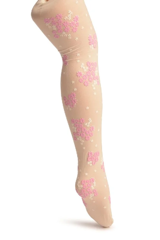 women tights for yoga and Pilates sessionsCream With Rubberized Pink & White Daisies - Girls Tights